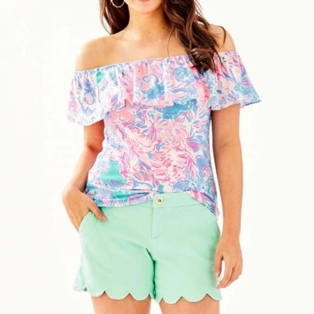 Lilly Pulitzer 002320 Women's Pink Blue La Fortuna Off The Shoulder Blouse XS